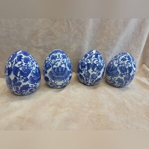 Vintage Chinese Porcelain Egg Lotus Flowers/chinoisiere 4 Pcs Blue & White